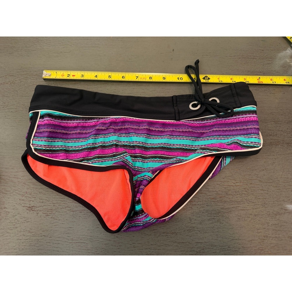 Athleta Womens Striped Bikini Swim Bottoms Purple Teal Sporty Boy Short Size S